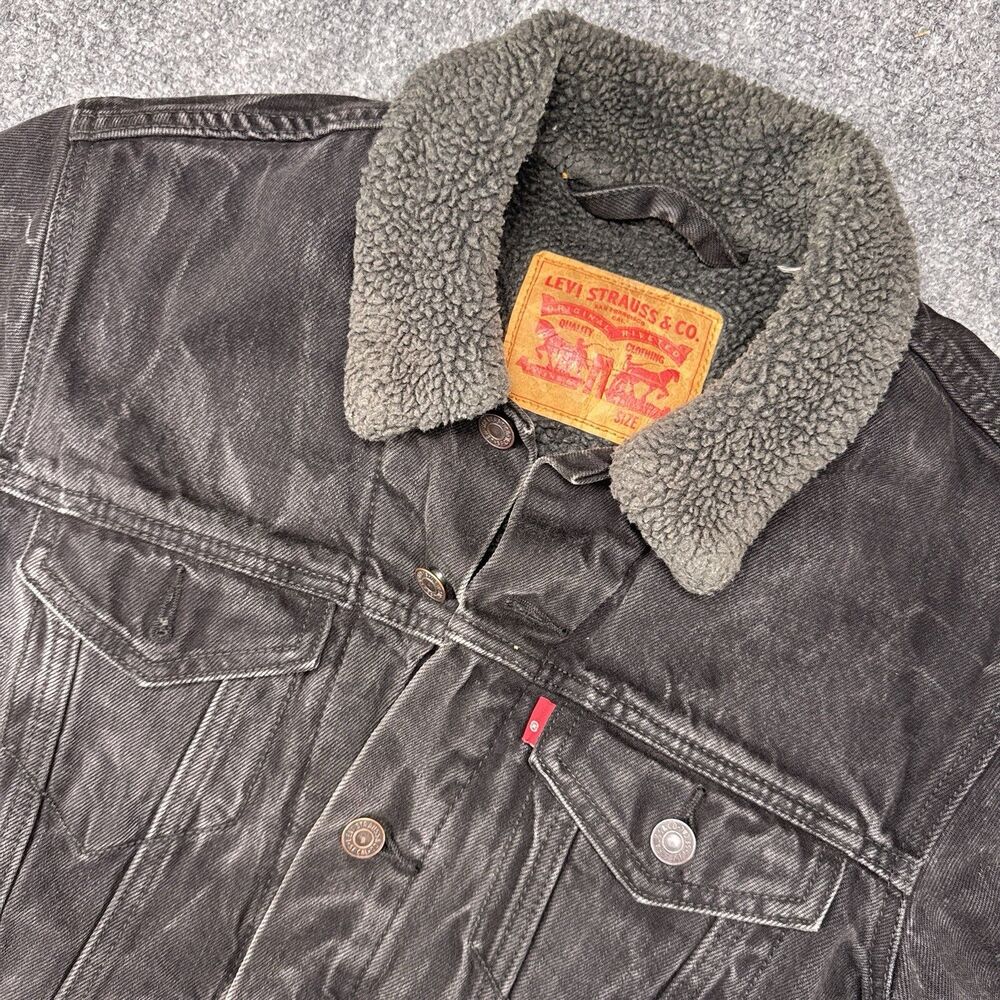 Vintage Levi's Sherpa Lined Trucker Jacket Black Denim Men's Small USA Style